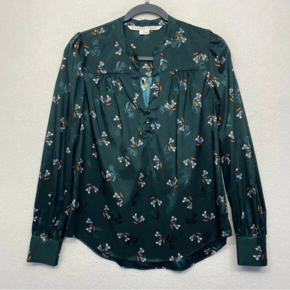Veronica Beard Abbie Green Floral Blouse 2 Satin - Picture 3 of 10
